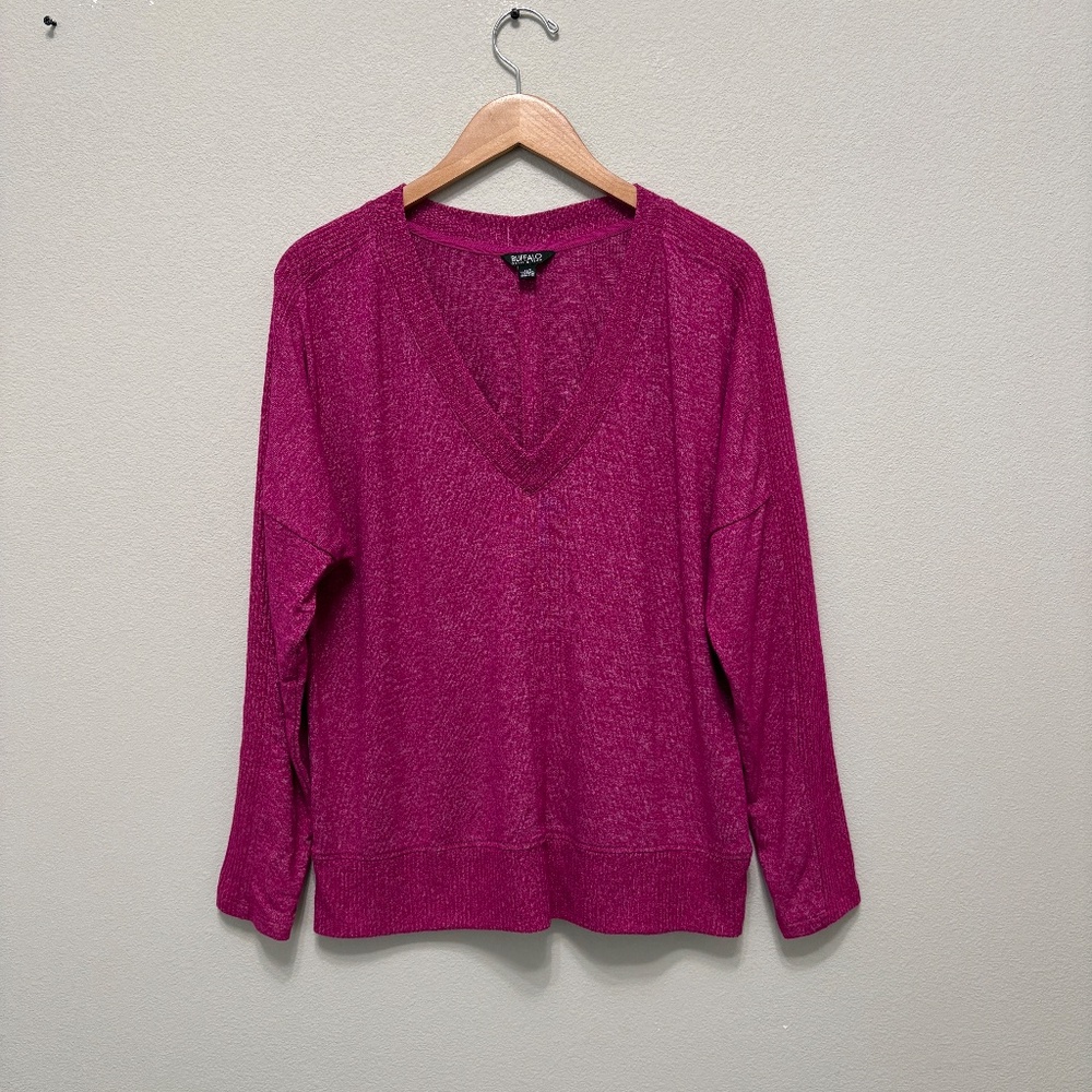 Buffalo David Bitton Raspberry V-Neck Knit Sweater Large Soft Ribbed - Picture 2 of 8